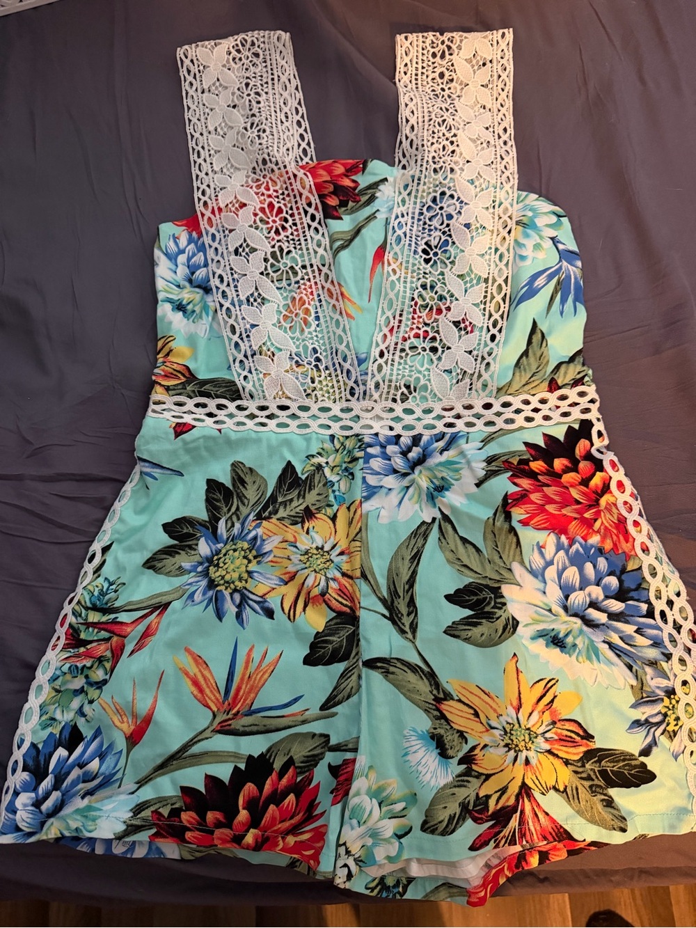 Lulumari Turquoise Floral Crochet-Accent Romper
